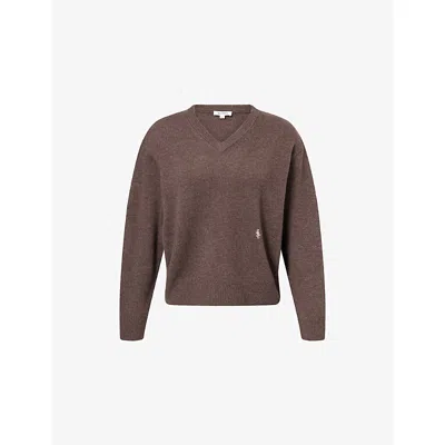 Sporty And Rich Womens Toffee V-neck Embroidered-logo Cashmere-and-wool Jumper In Brown