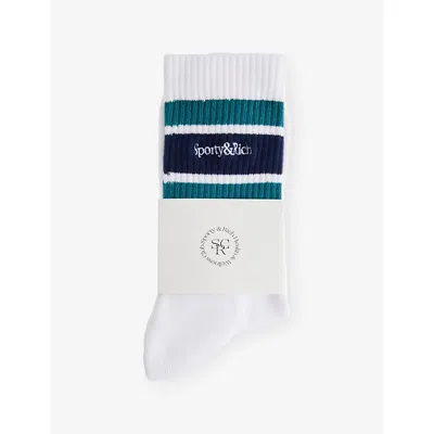 Sporty And Rich Womens White Dark Navy Alpine Serif Logo Stretch-cotton Socks