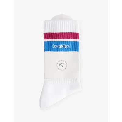 Sporty And Rich Womens White/berry/azure Serif Logo Striped Stretch-cotton Blend Socks