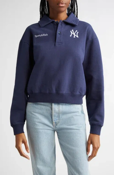 Sporty And Rich Womens Navy Sporty & Rich For '47 X The New York Yankees Brand-embroidery Cotton-jersey Polo Sweatsh