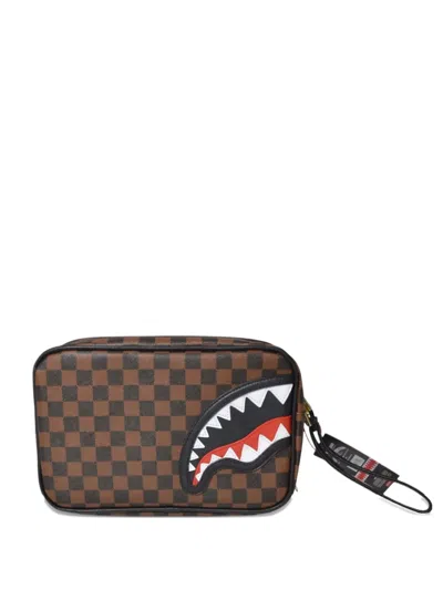 Sprayground Checkerboard Shark Clutch Bag In Brown