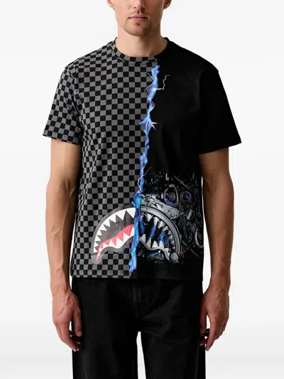 Sprayground Check-print Shark Mouth T-shirt In Black
