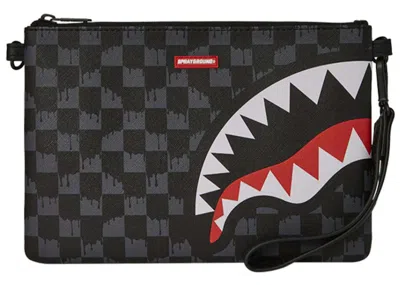 Pre-owned Sprayground Drip Check Shark Crossover Clutch In Black/grey Checker