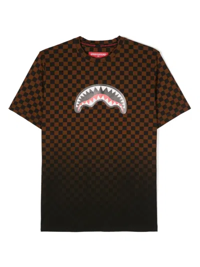 Sprayground Kid Kids' Checked Graphic-print Cotton T-shirt In Brown
