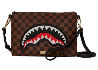 Pre-owned Sprayground Sawtooth Sharks In Paris Crossover Clutch In Brown