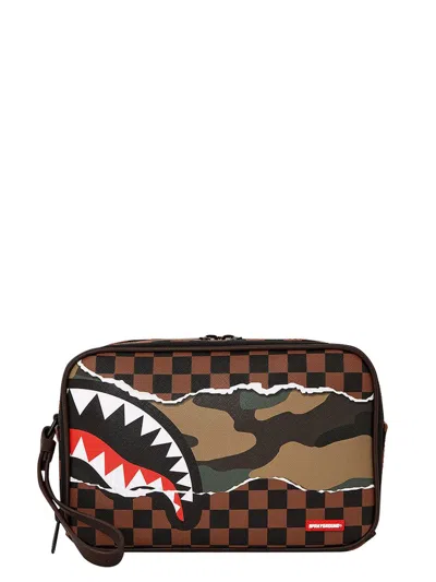 Sprayground Shark Checked Zipped Toiletry Bag In Brown
