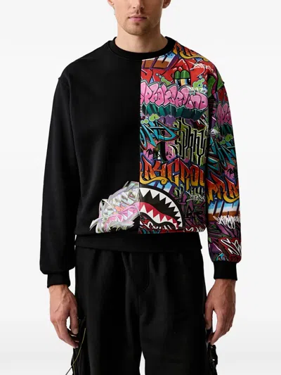 Sprayground Shark Graffiti-print Sweater In Black