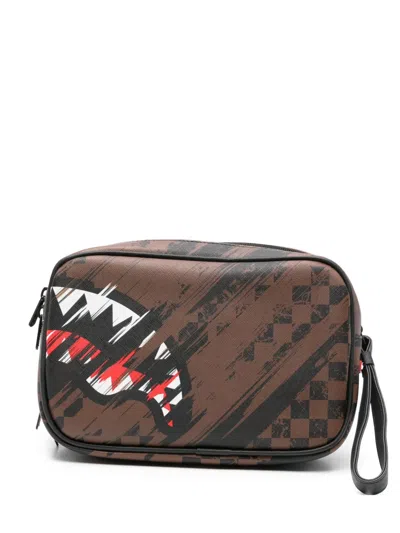 Sprayground Shark Mouth Checkered Clutch Bag In Brown