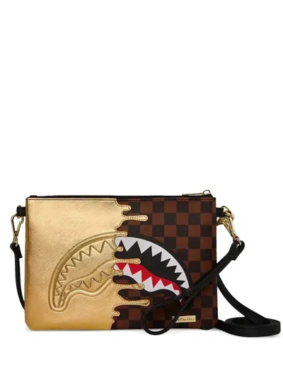 Sprayground Shark Mouth Checkered Clutch Bag In Brown