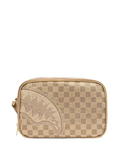 Sprayground Shark Mouth Checkered Rhinestone Wash Bag In Gold