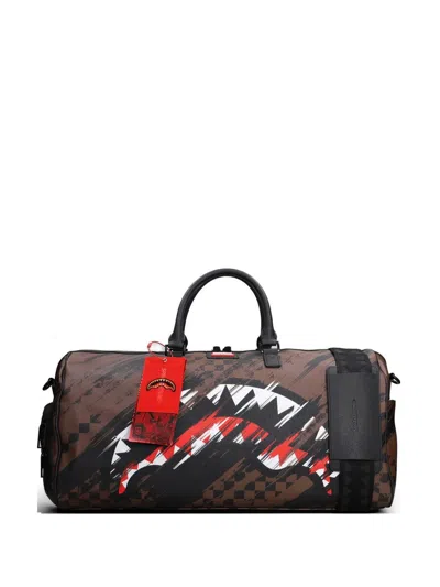 Sprayground Shark-print Checkered Duffle Bag In Brown