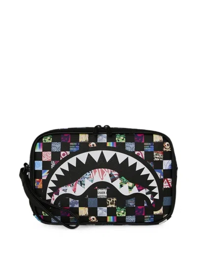 Sprayground Sharkverse Universe Checkered Wash Bag In Black