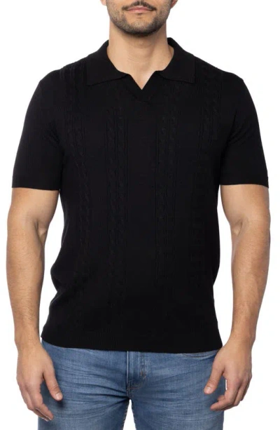 Spring + Mercer Cable Short Sleeve Johnny Collar Sweater In Black