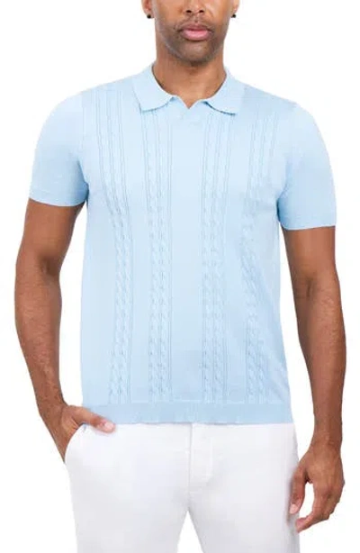 Spring + Mercer Cable Short Sleeve Johnny Collar Sweater In Blue