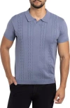 Spring + Mercer Cable Short Sleeve Johnny Collar Sweater In Heather Slate