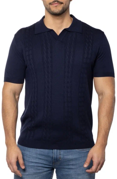 Spring + Mercer Cable Short Sleeve Johnny Collar Sweater In Blue