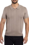 Spring + Mercer Cable Short Sleeve Johnny Collar Sweater In Taupe
