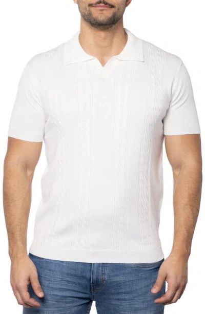 Spring + Mercer Cable Short Sleeve Johnny Collar Sweater In White
