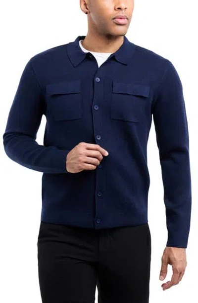 Spring + Mercer Patch Pocket Button-up Polo Sweater In Blue