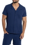 Spring + Mercer Relaxed Cotton & Hemp Button-down Polo In Midnight Blue