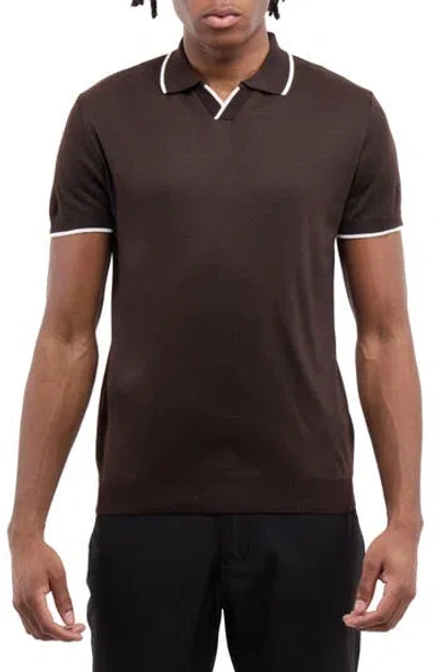 Spring + Mercer Short Sleeve Johnny Collar Polo Sweater In Brown