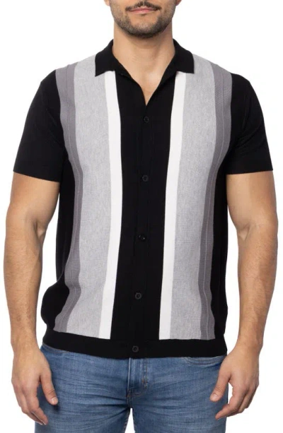 Spring + Mercer Stripe Short Sleeve Button-up Polo Sweater In Black