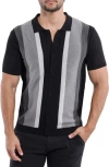 Spring + Mercer Stripe Short Sleeve Button-up Polo Sweater In Black/grey