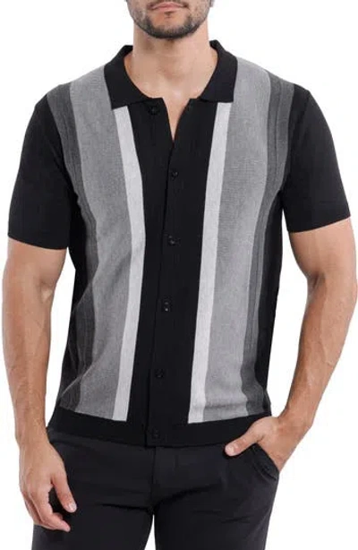 Spring + Mercer Stripe Short Sleeve Button-up Polo Sweater In Black/grey