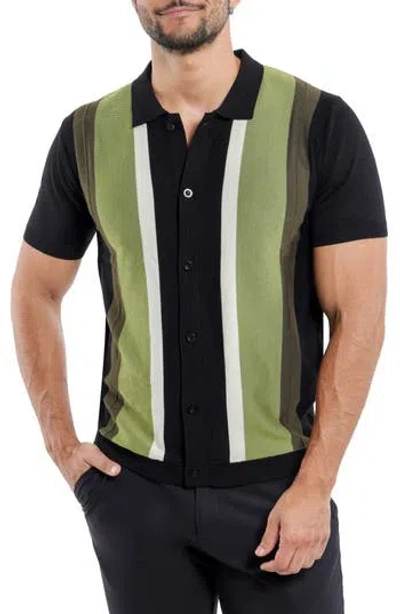 Spring + Mercer Stripe Short Sleeve Button-up Polo Sweater In Black/olive