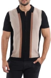 Spring + Mercer Stripe Short Sleeve Button-up Polo Sweater In Black/taupe