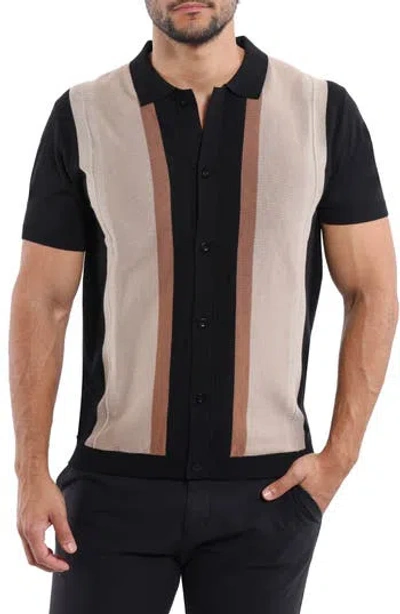 Spring + Mercer Stripe Short Sleeve Button-up Polo Sweater In Black/taupe