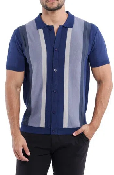 Spring + Mercer Stripe Short Sleeve Button-up Polo Sweater In Blue
