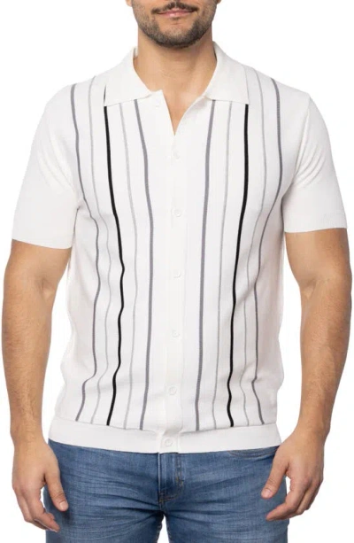 Spring + Mercer Stripe Short Sleeve Button-up Polo Sweater In White