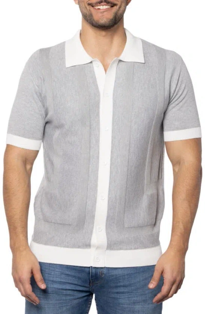 Spring + Mercer Textured Short Sleeve Button-up Sweater In Grey/ White