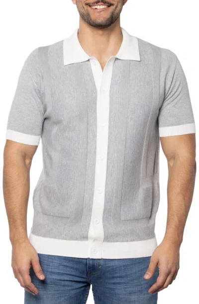 Spring + Mercer Textured Short Sleeve Button-up Sweater In Gray