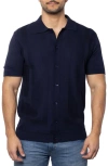 Spring + Mercer Textured Short Sleeve Button-up Sweater In Navy