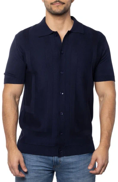 Spring + Mercer Textured Short Sleeve Button-up Sweater In Navy