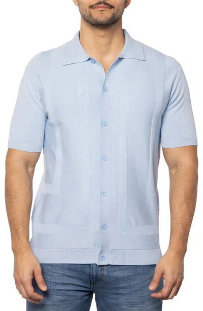 Spring + Mercer Textured Short Sleeve Button-up Sweater In Blue