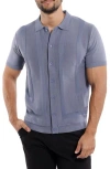 Spring + Mercer Textured Short Sleeve Button-up Sweater In Slate Blue