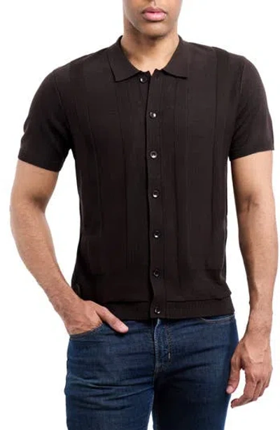 Spring + Mercer Textured Short Sleeve Button-up Sweater In Chocolate