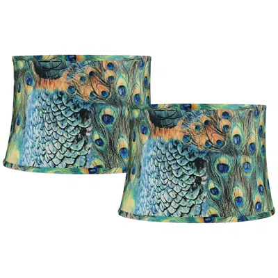 Springcrest Set Of 2 Peacock Print Drum Lamp Shades 14x16x11 (spider) In Blue