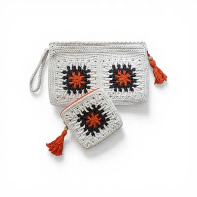 Springmoonatelier Women's Black / Orange / White Handmade Crochet Bag Set Orange – Lined Cotton Bracelet And Mini Pouc In Multi