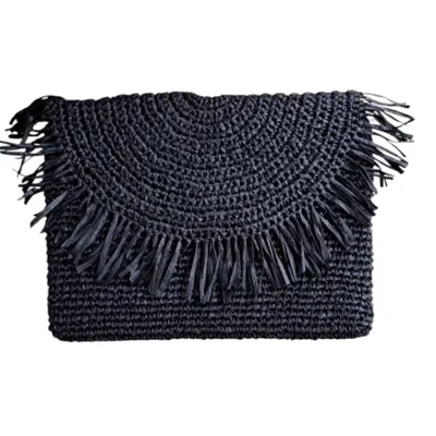 Springmoonatelier Women's Black Raffia Handcrafted Clutch Bag In Blue