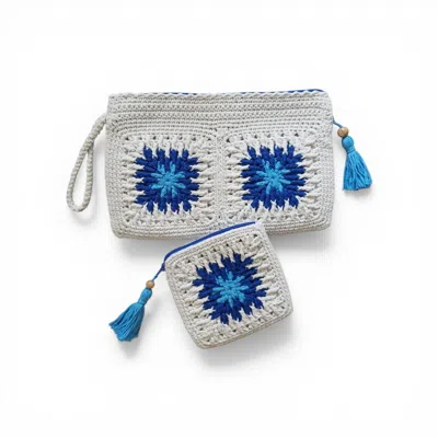 Springmoonatelier Women's Blue / White Handmade Crochet Bag Set Blue – Lined Cotton Clutch And Mini Pouch In Multi