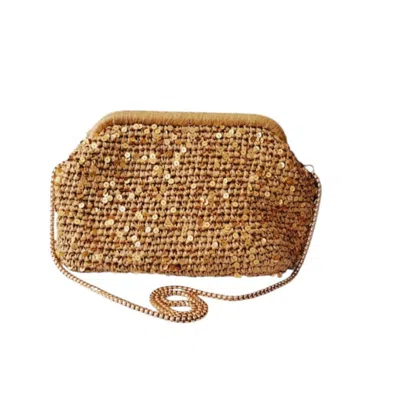 Springmoonatelier Women's Brown Handcrafted Raffia Clutch With Golden Sequins