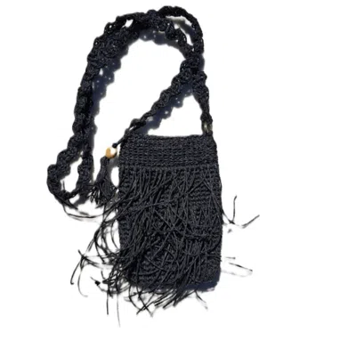 Springmoonatelier Women's Crazy Girl's Black Raffia Mobile Phone Bag