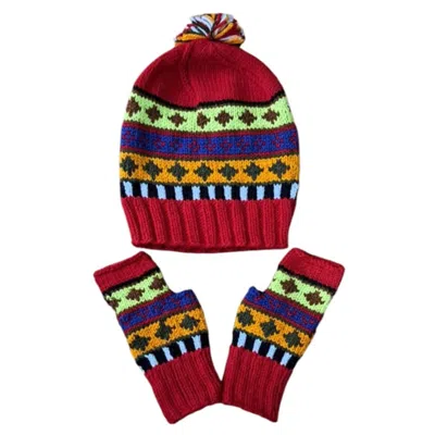 Springmoonatelier Women's Handcrafted Wool Hat And Fingerless Gloves - Dark Red With Mixed Colors