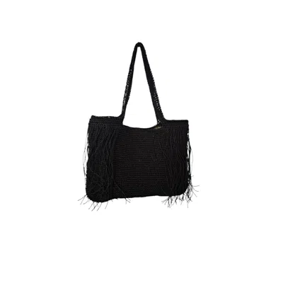Springmoonatelier Women's Handmade Black Raffia Tassel Tote Bag – Large Size Everyday And Beach Shoulder Bag