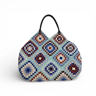 Springmoonatelier Women's Handmade Blue Granny Square Tote – Boho Crochet Bag