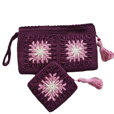 Springmoonatelier Women's Handmade Burgundy Crochet Clutch Set – Lined Cotton Wristlet & Mini Pouch In Red